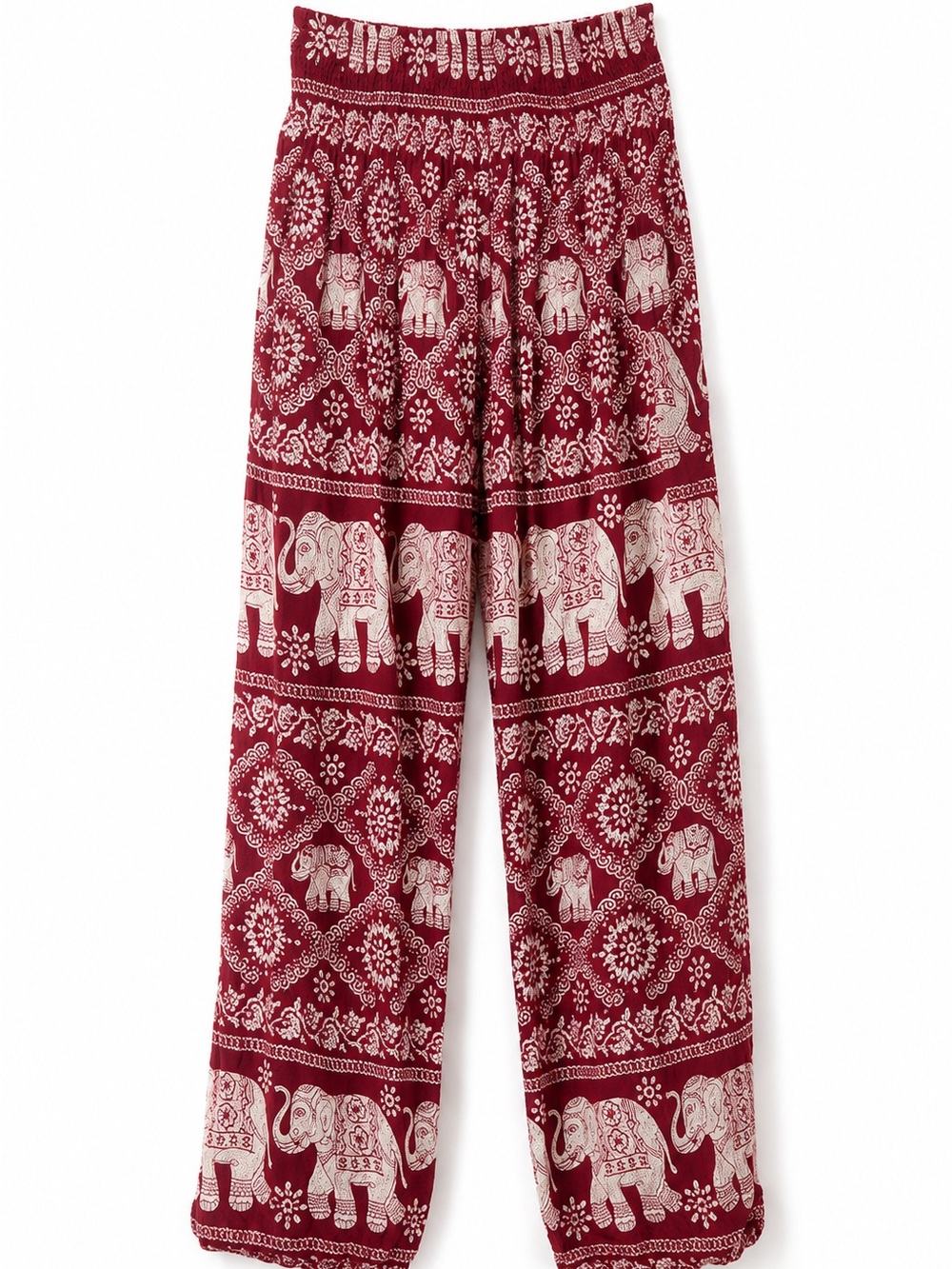 Red Elephant Print Boho Wide Leg Harem Pants Cotton OS